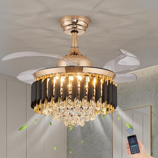 ANTOINE 36 in. Integrated LED Indoor Retractable Gold Chandelier Ceiling Fan with Lights and Remote Crystal Fandelier