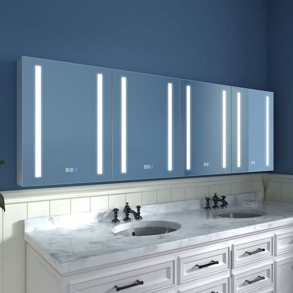 ExBrite 80 in. W x 26 in. H Rectangular Silver Aluminum Recessed/Surface Mount Medicine Cabinet with Mirror and LED