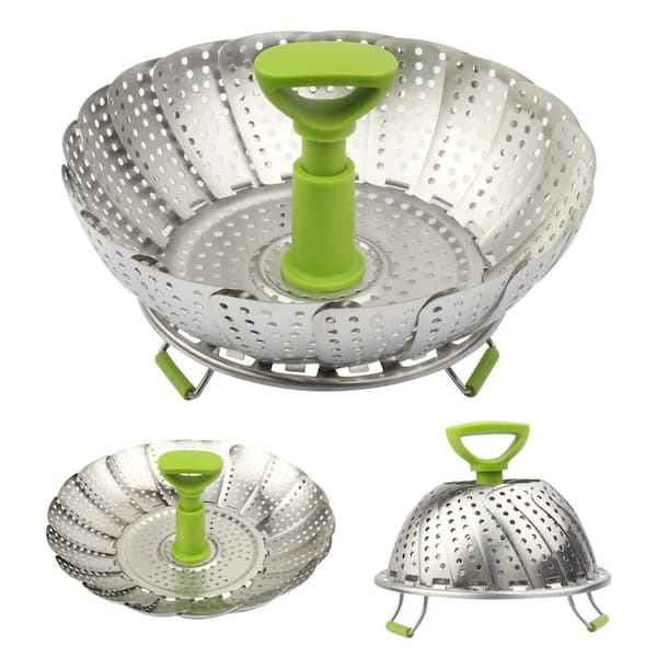 9 in. Stainless Steel Steamer Basket Food Cooking Tool with Plastic Anti-Scald Handle Dishwasher Safe Expandable