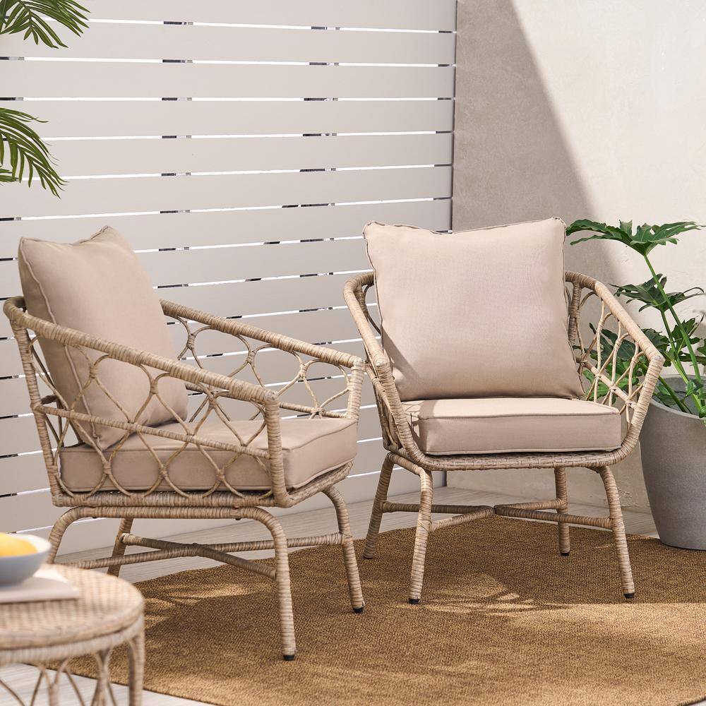 Beige Wicker and Iron Armchair Set with Cushions