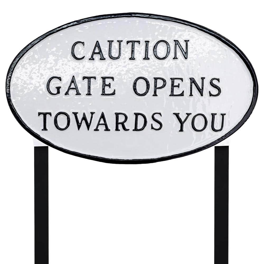 10 in. x 18 in. Large Oval Caution Gate Opens Towards You Statement Plaque Sign with Lawn Stakes - White/Black price history on PriceWatchPro