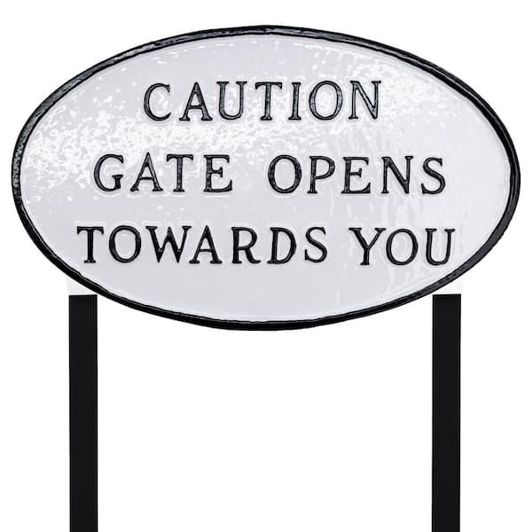 Montague Metal Products 10 in. x 18 in. Large Oval Caution Gate Opens Towards You Statement Plaque Sign with Lawn Stakes - White/Black