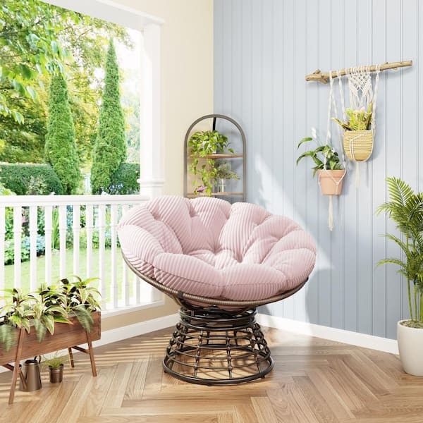 Ergonomic Indoor Outdoor Wicker Papasan Chair, 360° Swivel Patio Lounge Chair Recliner with Pink Cushions