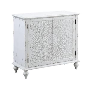 White Wood Top 36 in. Sideboard with Carved Floral Pattern