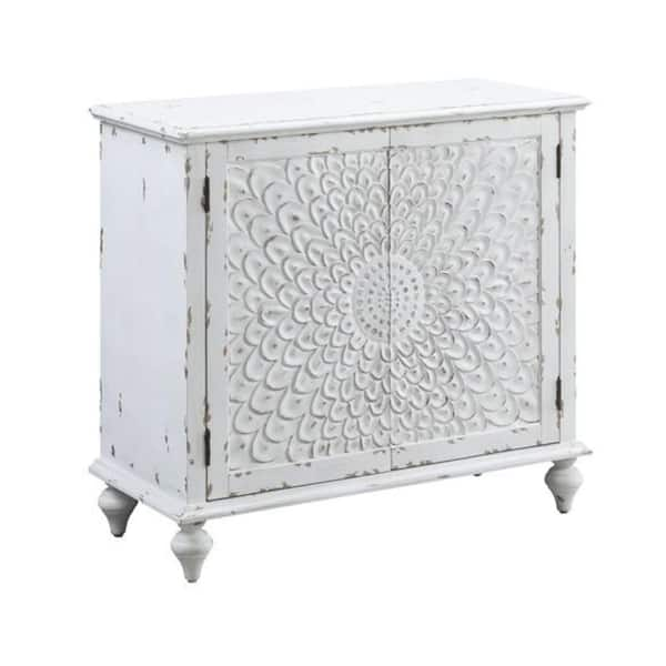 Benjara White Wood Top 36 in. Sideboard with Carved Floral Pattern ...