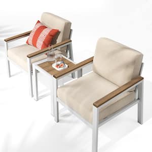 Dillon White 3-Piece Aluminum and Poly Lumber Outdoor Bistro Chat Set with Beige Cushions