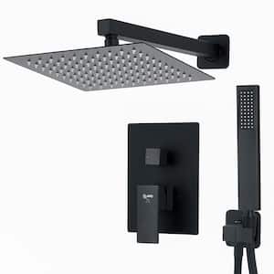 Square, wall-mounted fixed rain shower faucet, handheld shower combo, in Matte Black.