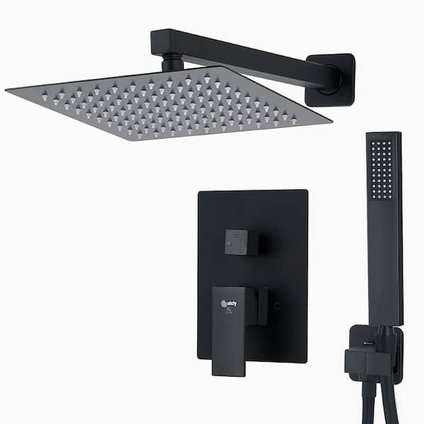 AKDY Square, wall-mounted fixed rain shower faucet, handheld shower combo, in Matte Black.