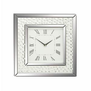 Silver Wood Mirrored Analog Wall Clock with Floating Crystals