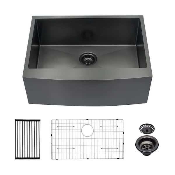 27 in. Drop-In Apron Front Single Bowl 16 Gauge Gunmetal Black Stainless Steel Kitchen Sink with Grid and Drain