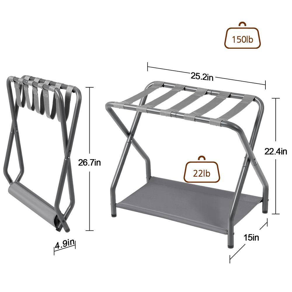 Gray Foldable Metal Luggage Rack with Storage Shelf, Set of 2