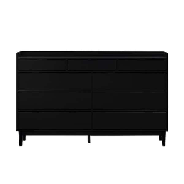 Welwick Designs 9-Drawer Black Solid Wood Mid-Century Modern Dresser with Tray Top (36 in. H x 60 in. W x 16 in. D)