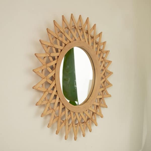 Avex Brown 23.62 in. W x 23.62 in. H Art Deco Sunburst Shape Bamboo Framed Mirror