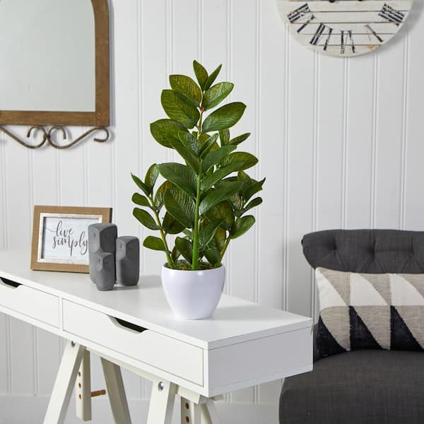 Nearly Natural 22 in. D Zamioculcas Artificial Plant in White Planter