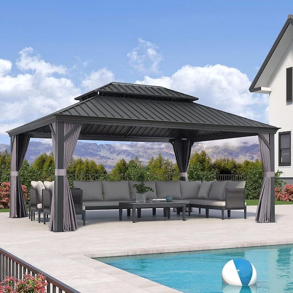 PURPLE LEAF 13 ft. x 17 ft. Luxury Patio Outdoor Gazebo for Backyard Hardtop Aluminum Frame with Netting, Hooks, Upgrade Curtain