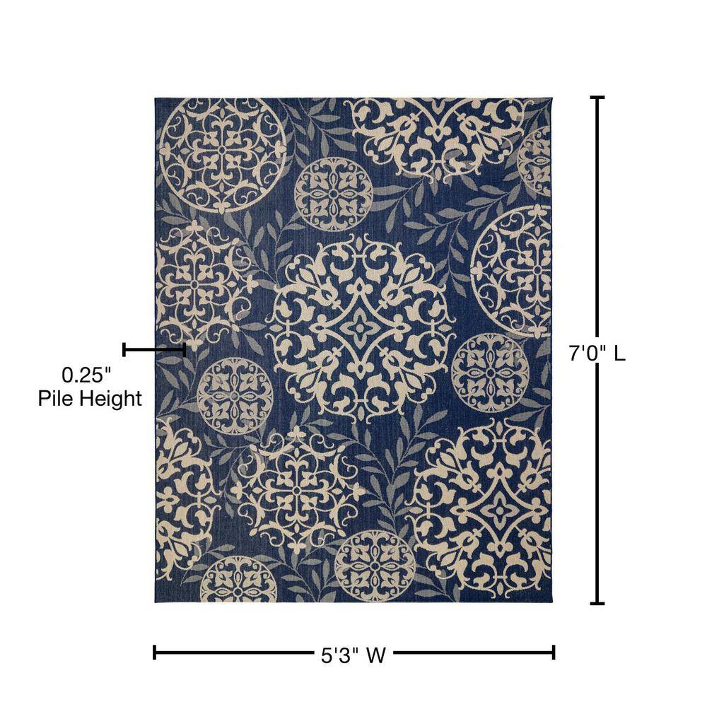 Navy Blue and Beige Medallion Synthetic 5' x 7' Outdoor Rug