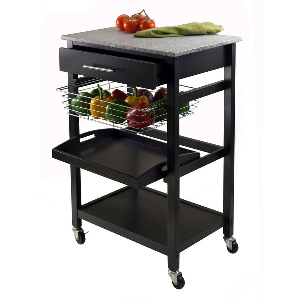 Transitional Julia Granite Top Black Kitchen Cart with Storage