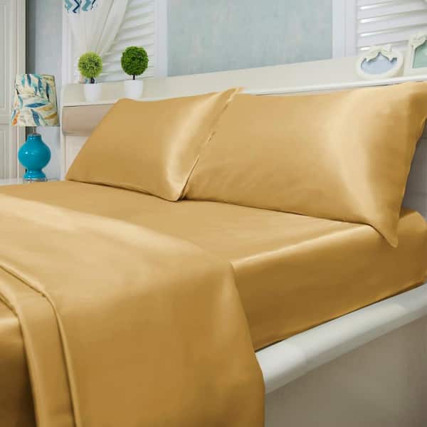 Luxury Home 4-Piece Gold Solid Satin Microfiber Queen Ultra Soft Sheet Set