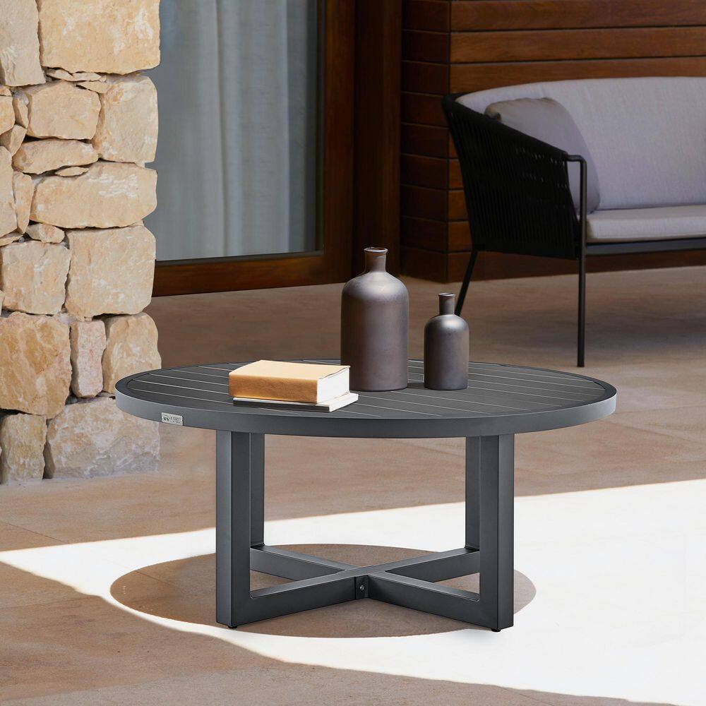 Armen Living Argiope Grey Round Aluminum Outdoor Coffee Table ...