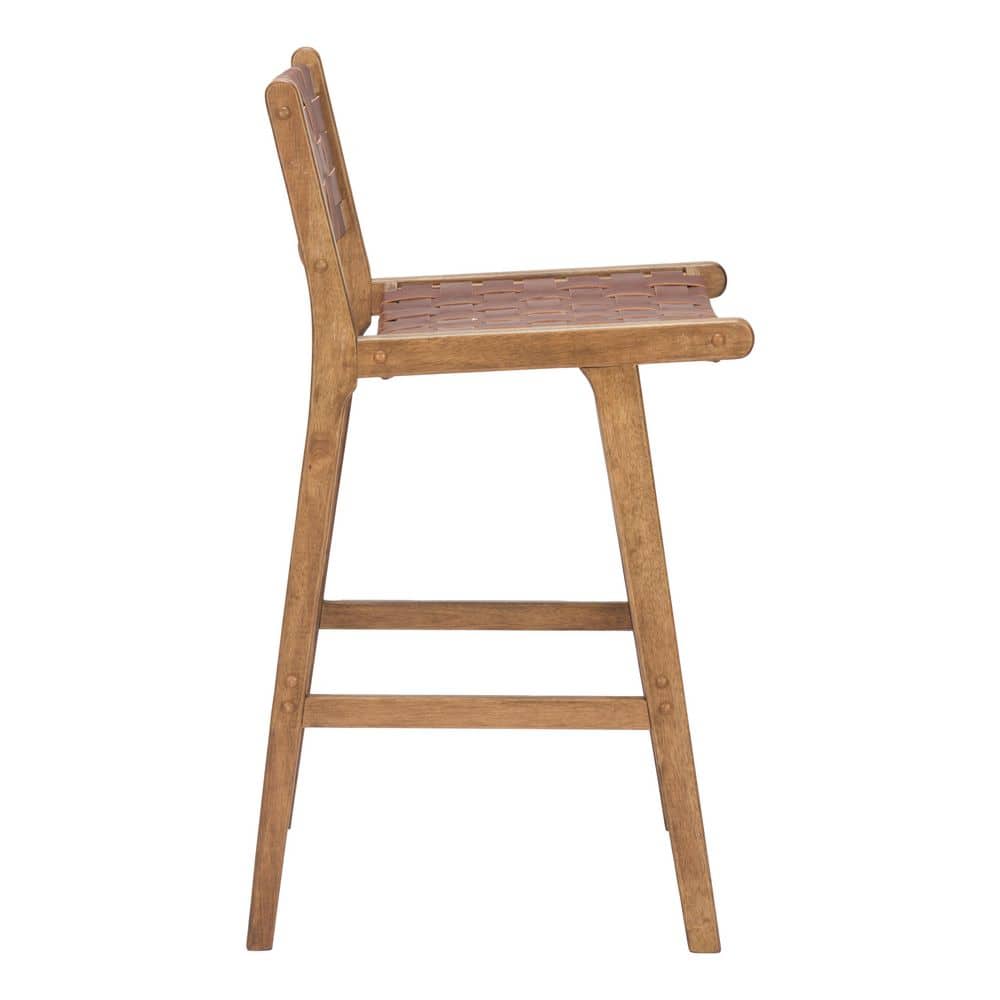 Single wooden barstool with brown leather seat.