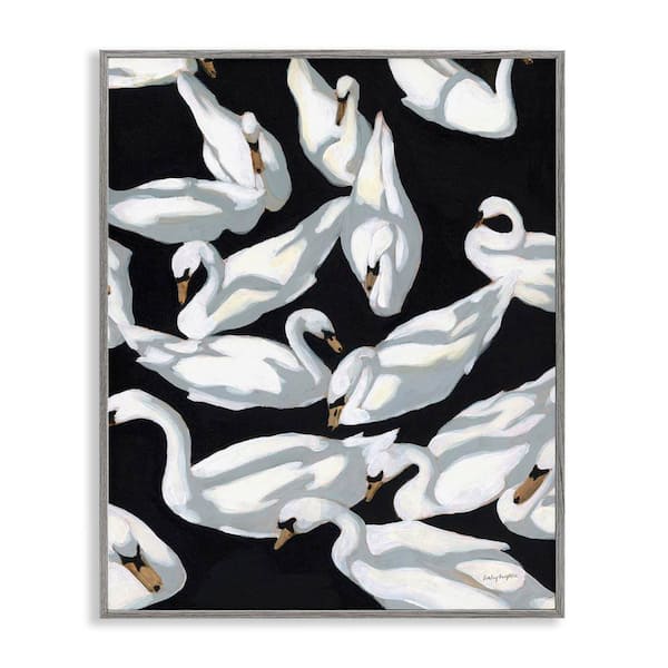 Stupell Industries Overlapping Swans on Black by Haley Knighten Gray Framed Animal Giclee Art Print 14 in. x 11 in.