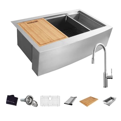 All-in-One Farmhouse/Apron-Front Stainless Steel 30 in. Single Bowl Workstation Sink with Faucet and Accessories