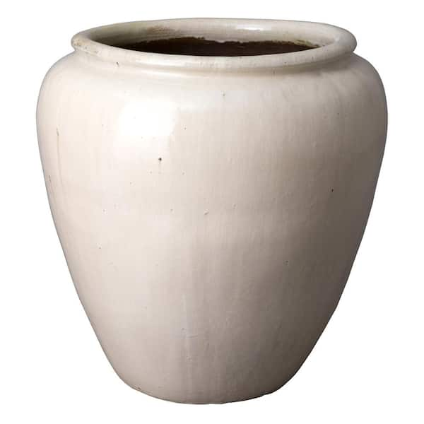 30 in. L x 30 in. H Distressed White Ceramic Round Planter with Drainage Hole