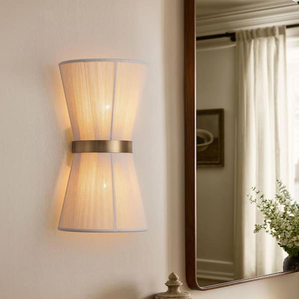 Tomario 2-Light 8.8 in. Farmhouse Boho Gold Hand-Woven Ivory Rope Fabric Flush Mount Wall Sconce