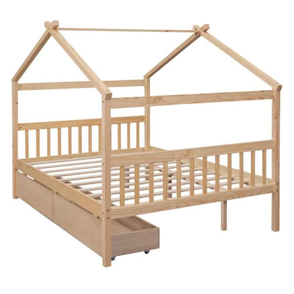 2 Color Wooden Full Size House Bed with 2 Drawers, Kids Bed with