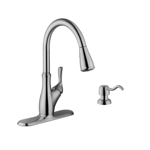 Cahaba Transitional Single-Handle Pull-Down Sprayer Kitchen Faucet with Soap Dispenser in Brushed Nickel