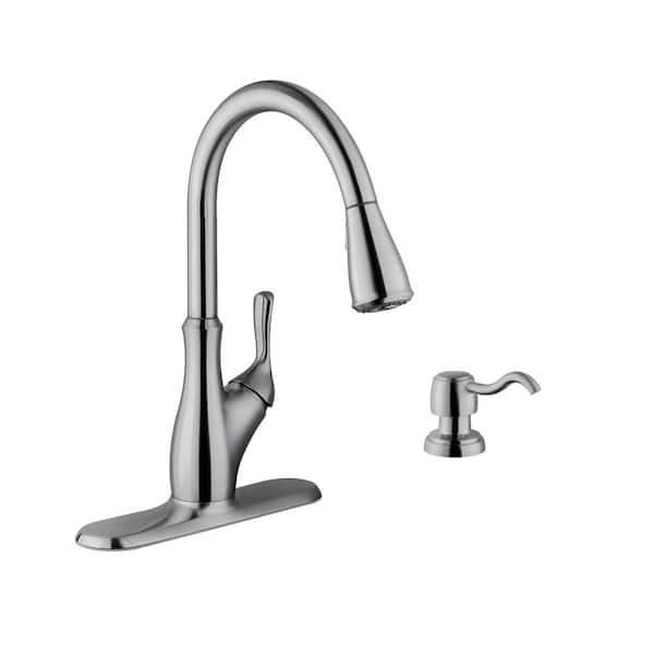 Cahaba Transitional Single Handle Pull Down Sprayer Kitchen Faucet With Soap Dispenser In Brushed Nickel Ca6112ss The Home Depot