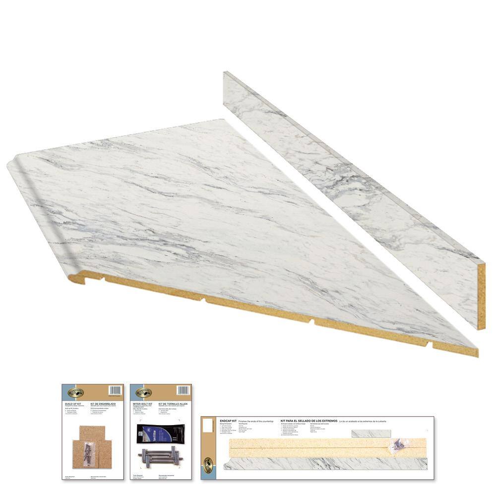 Hampton Bay 8 ft. White Laminate Countertop Kit With Right Miter and Full Wrap Ogee Edge in Calcutta Marble, Calcutta Marble/Textured Gloss