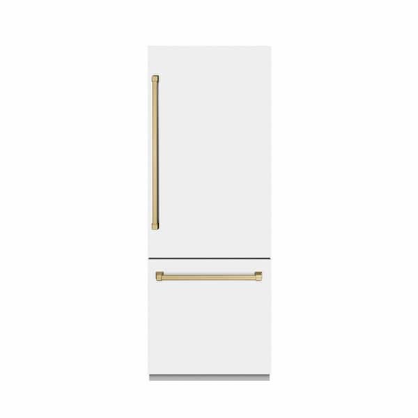 ZLINE Kitchen and Bath 30 in. 16.1 cu. ft. Built-In Bottom Freezer Refrigerator in Matte White with Graphite Gray Interior and Bronze Accents