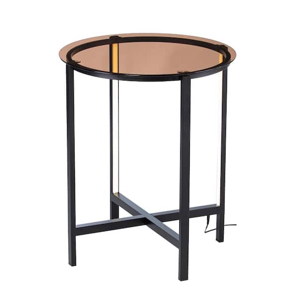 SEI FURNITURE Sandrille 20 in. Black Powder Coated Short Round Glass Top End Table with LED Lighting