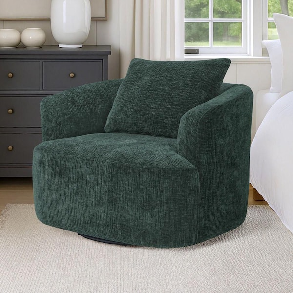 Green Stripe Chenille Fabric Upholstered 360° Swivel Accent Arm Chair U-Shaped Swivel Barrel Chair with Wood Frame