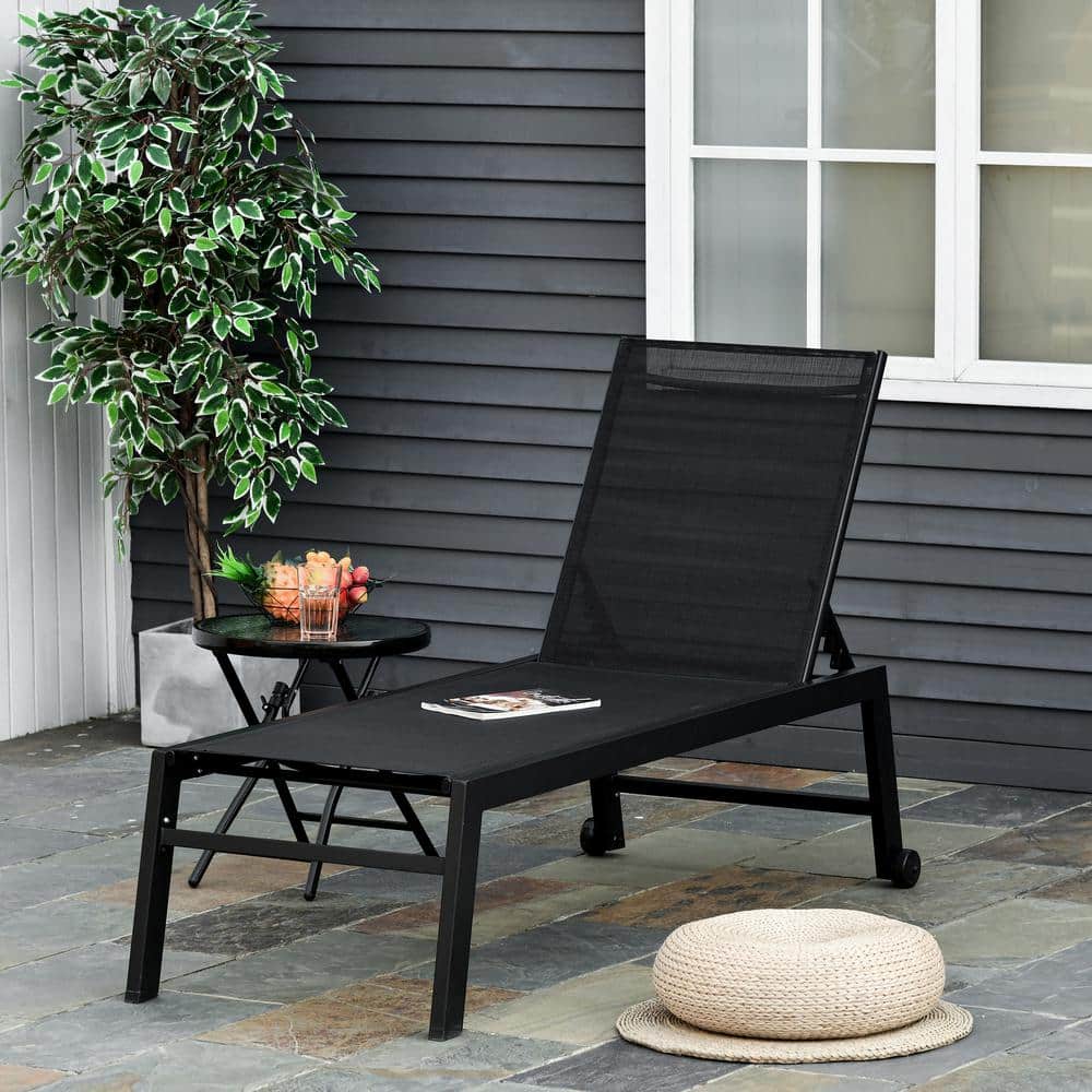 Coastal Breeze Black Outdoor Chaise Lounge with 5-Position Backrest and Wheels