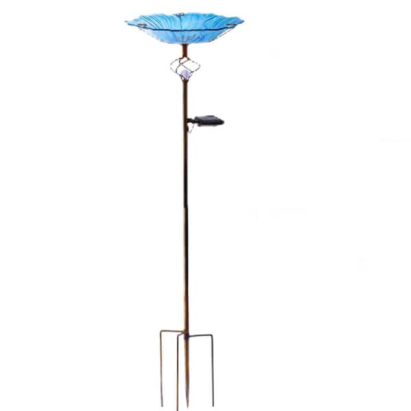 12 in. Solar Glass Blue Bird Bath, Outdoor Birdbath with Metal Stake and White LED Light