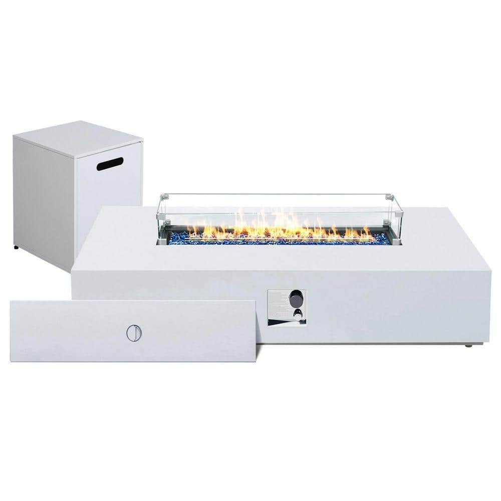 56-Inch Rectangle Iron Gas Fire Pit Table, Includes Tank Cover and Wind Guard, White