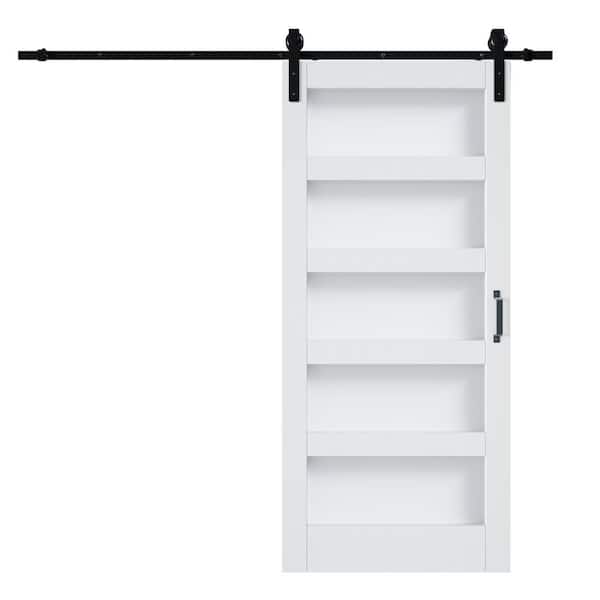 36 in. x 84 in. 5 Panel, Frosted Glass, White, Can Be Painted, Primed MDF Sliding Barn Door with Hardware Kit