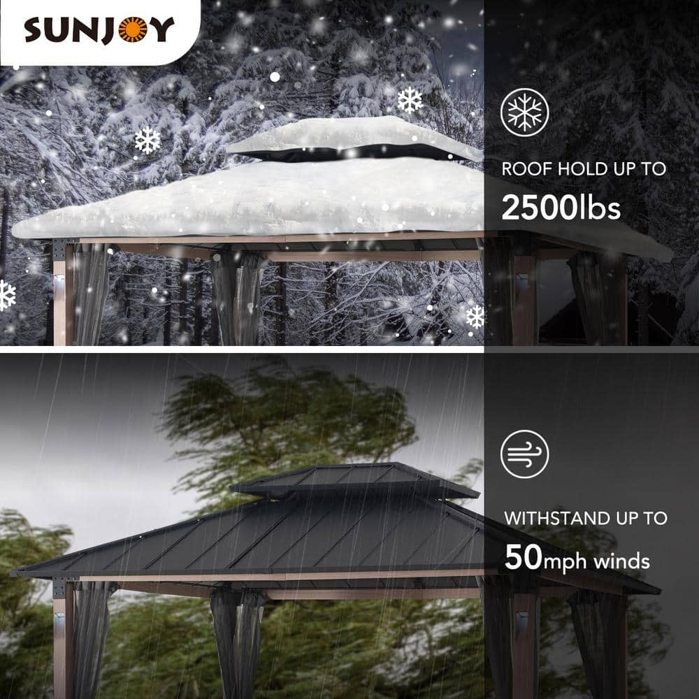 Black Steel 10x12 Hardtop Gazebo with Netting and LED Lights