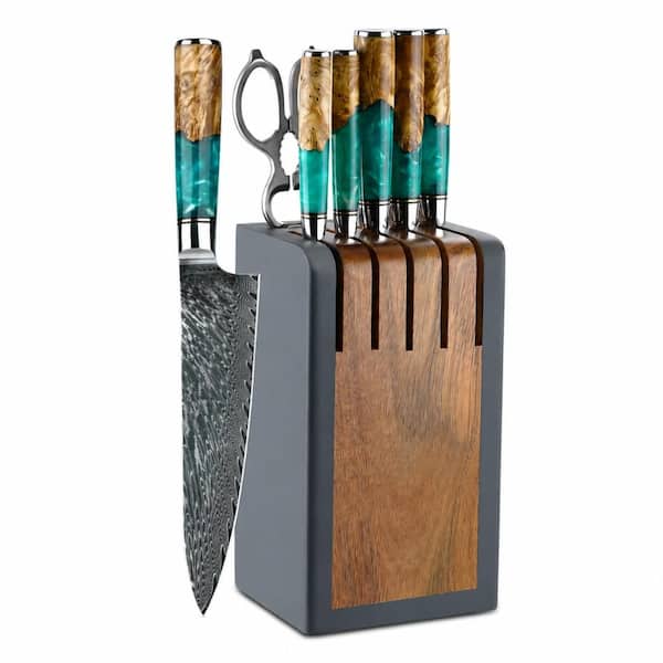 7-Piece 67-Layer Damascus Steel Knife Block Set with Blue Resin Pakka Wood Handle, Scissors, and Wood Block