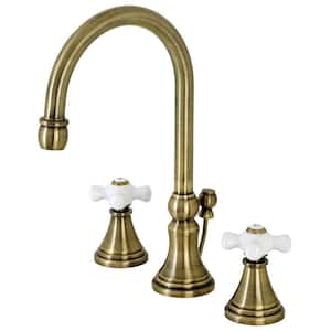 Governor 2-Handle High Arc 8 in. Widespread Bathroom Faucets with Brass Pop-Up in Antique Brass