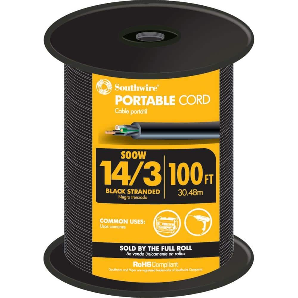 Southwire 100 ft. 14/3 600-Volt CU Black Flexible Portable Power SOOW Cord  55809943 The Home Depot