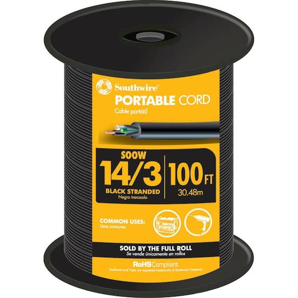 Southwire 100 ft. 14/3 600-Volt CU Black Flexible Portable Power SOOW Cord