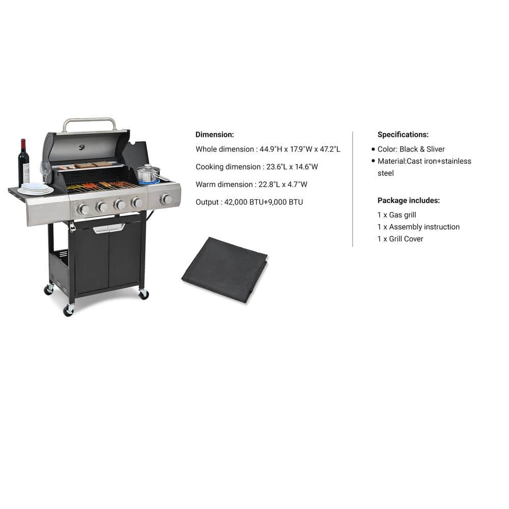 4-Burner Stainless Steel Propane Grill with Side Burner and Cover