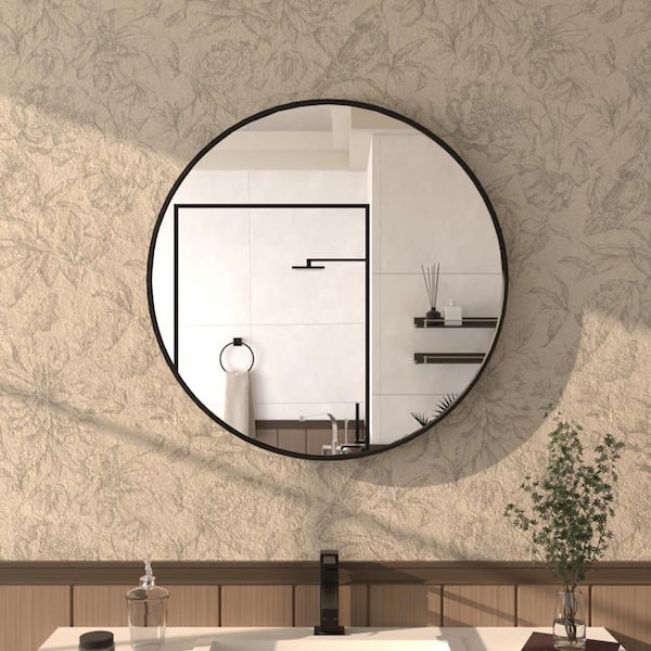 Tanx 24 in. W x 24 in. H Round Framed Wall Bathroom Vanity Mirror in matte Black