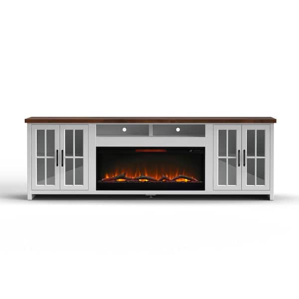 97 in. Freestanding Fireplace TV Stand with 42 in. Electric Fireplace insert, Heats 400 Sq Ft, Remote, Storage in White