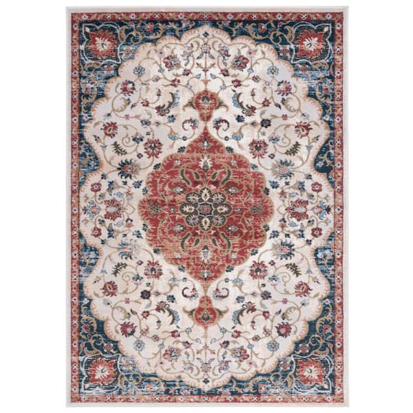 Rosewood 5 ft. x 8 ft. Ivory/Red Medallion Ornate Border Area Rug