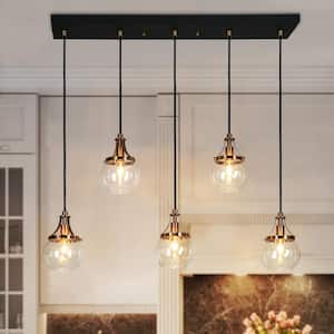 Transitional 5-Light Black and Brass Linear Cluster Chandelier for Kitchen Island with Clear Globe Glass Shade