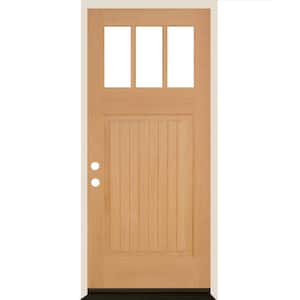 36 in. x 80 in. Craftsman 3 Lite V Groove Unfinished Stain Right-Hand/Inswing Douglas Fir Prehung Front Door